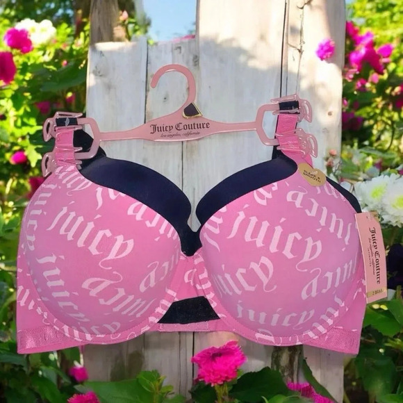 Juicy Couture  Sexy Pink Logo & Solid Black Push-up Bra 2 Piece set Size 42D - Picture 4 of 8